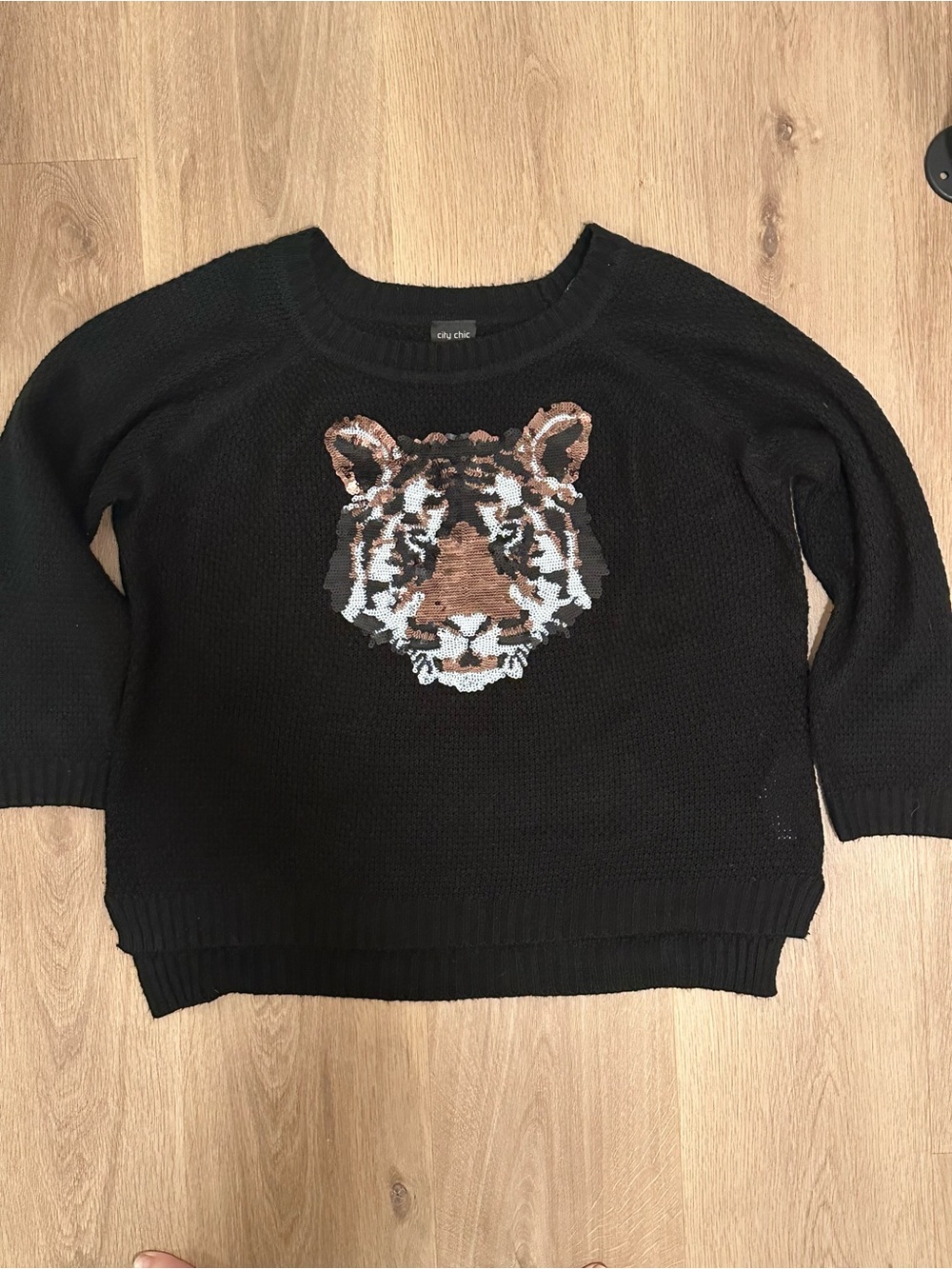 City Chic Black Crewneck Sweater with Sequin Tiger Face Motif